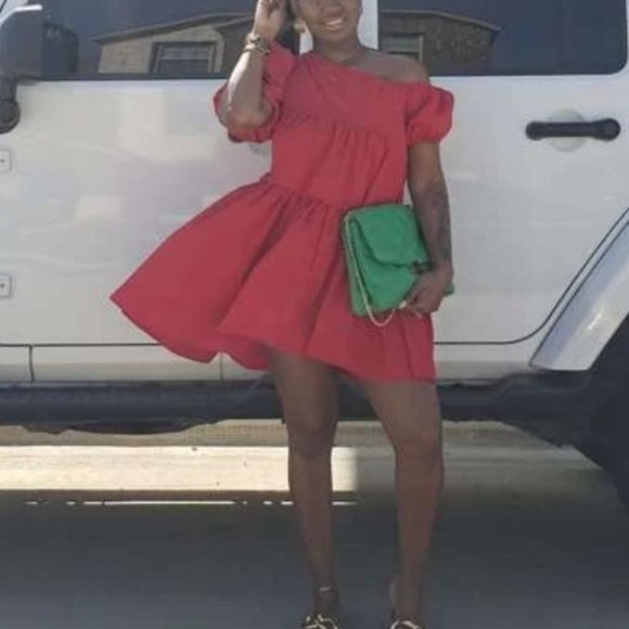 Puff Sleeve Ruffle Hem Asymmetrical Neck Smock Dress Red - Picture 8 of 8